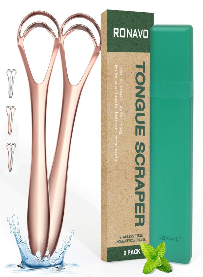 RONAVO Tongue Cleaner - New Upgrade Tongue Scraper with Dual Scraping Head, Metal Tongue Scraper with Travel Case, Rose Gold, 2 Pack by RONAVO Tongue Cleaner for Adults Kids Fight Bad Breath - Image 1